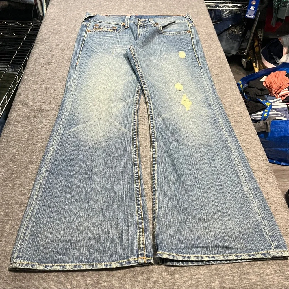True Religion Bobby Big T Baggy Flared Jeans Blue Distressed Mens 34x34 y2k Keef